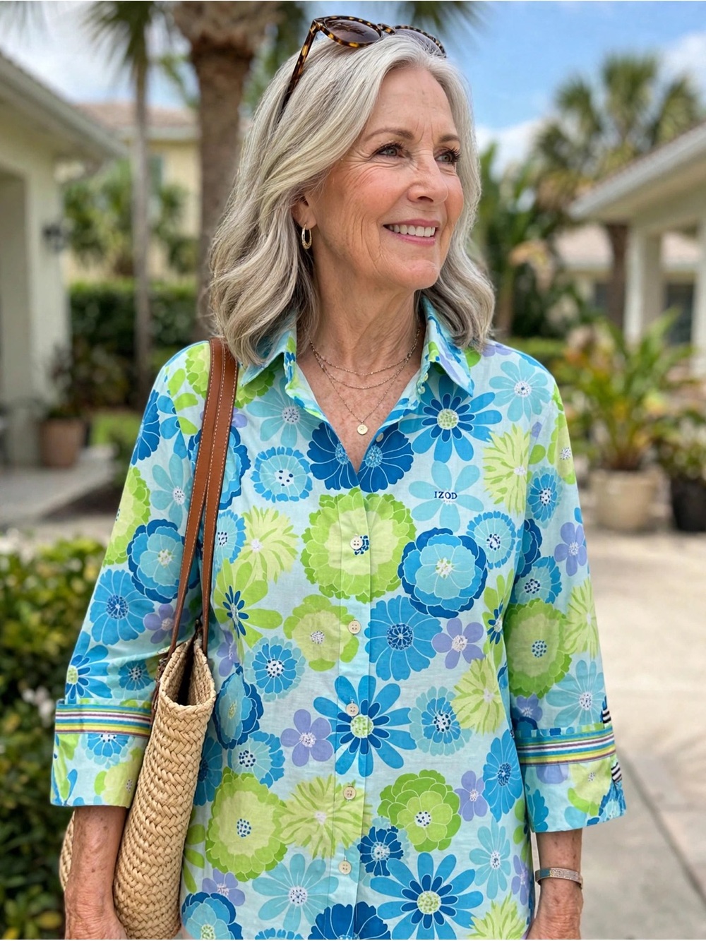 Izod Women's Floral Button-Down Shirt in Blue & Green